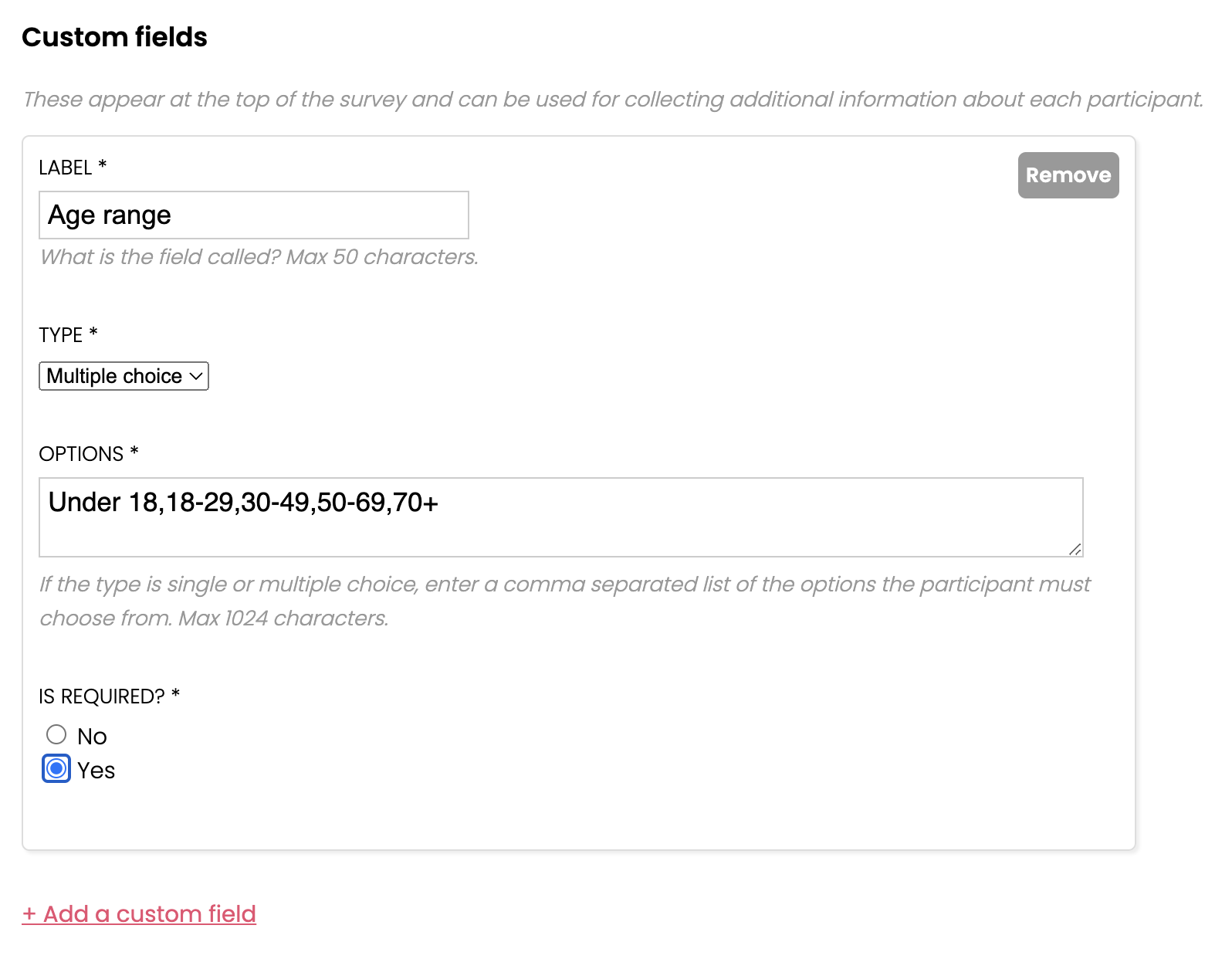 Custom fields in your Kano framework survey